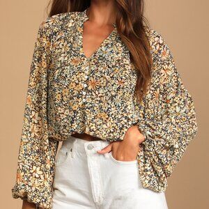 Lulus Season Of Blooms Cream Multi Floral Print Balloon Sleeve Top Beige
